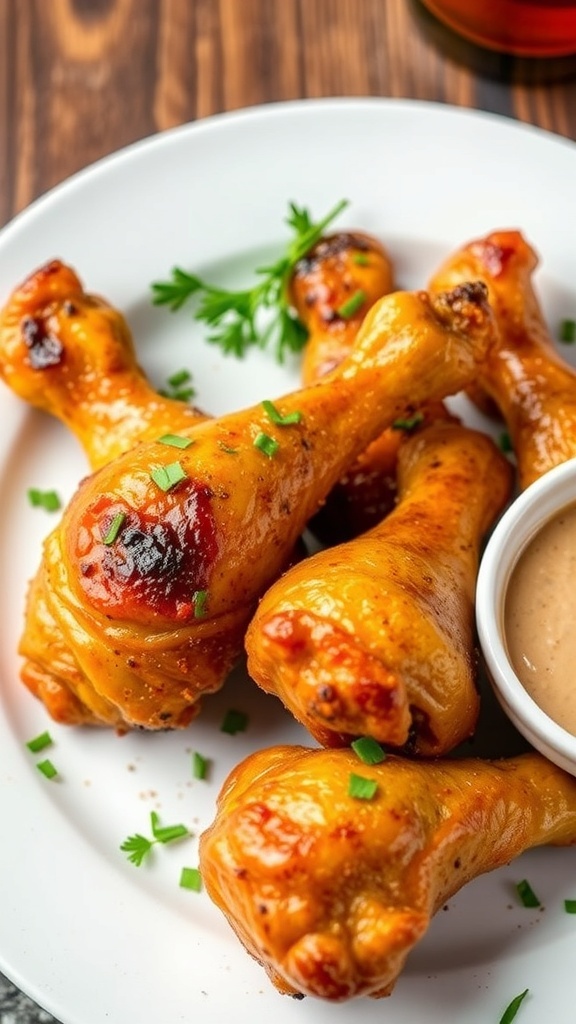 Crispy baked chicken drumsticks on a plate, garnished with herbs and served with dipping sauce.